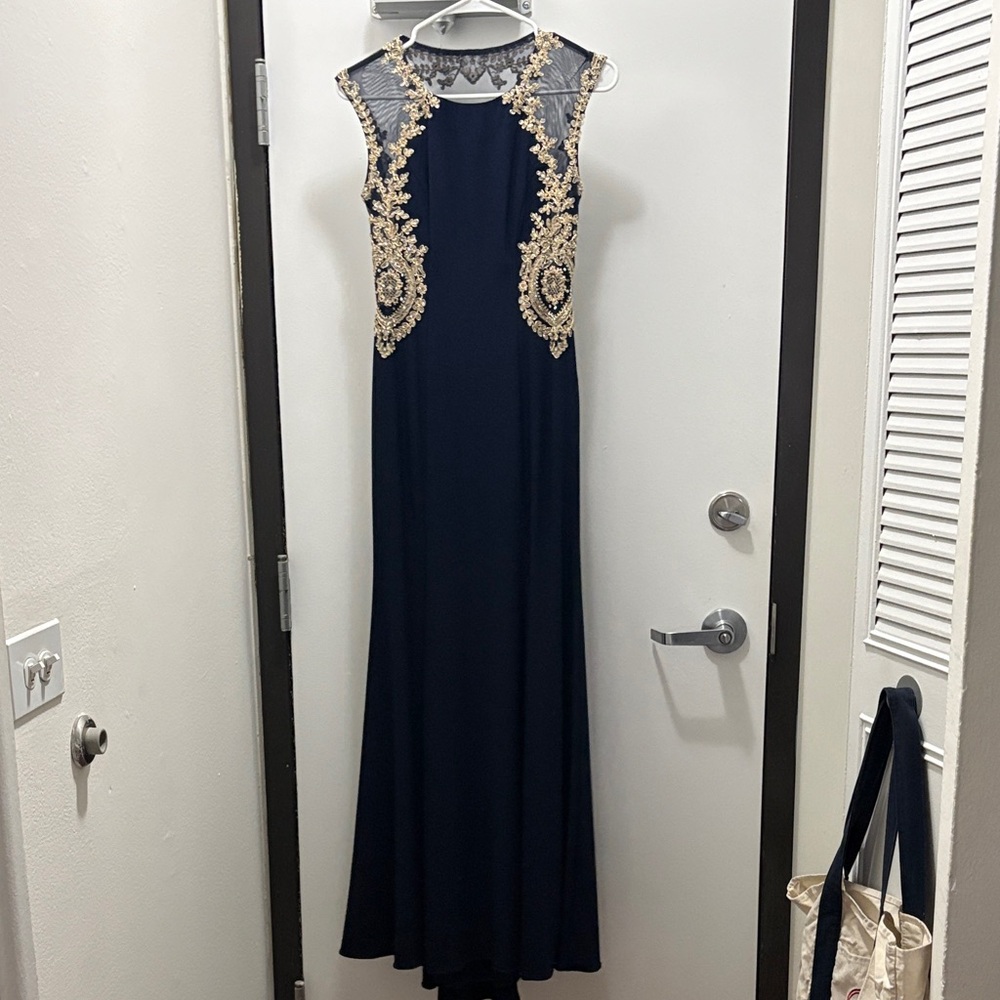 Xscape Navy and Gold Maxi Dress